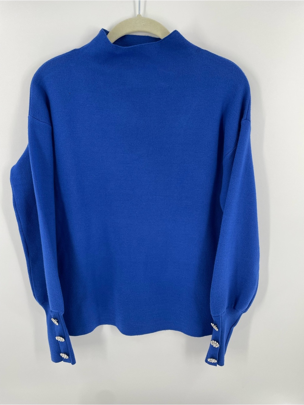 Tahari Royal Blue Mock Neck Bishop Sleeve Rhinestone Floral Button Embellishment